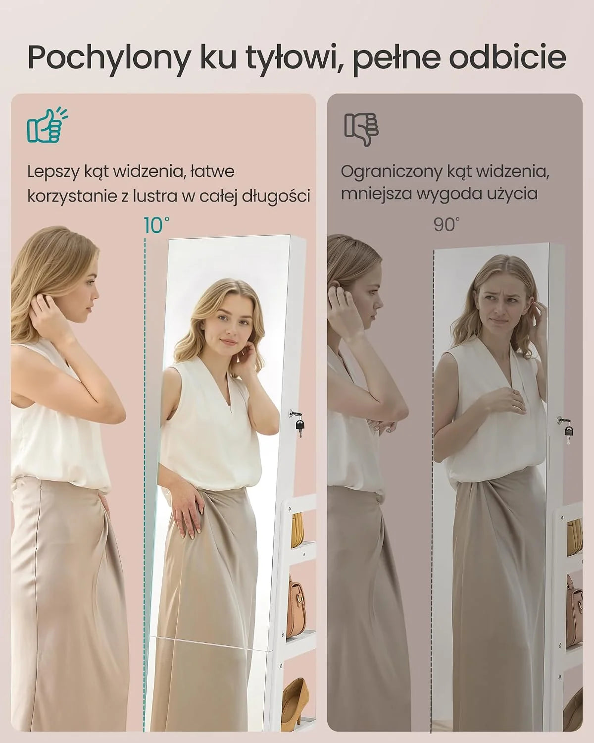 SONGMICS Szafka na biżuterię z długim lustrem, LED, obrotowa o 360°