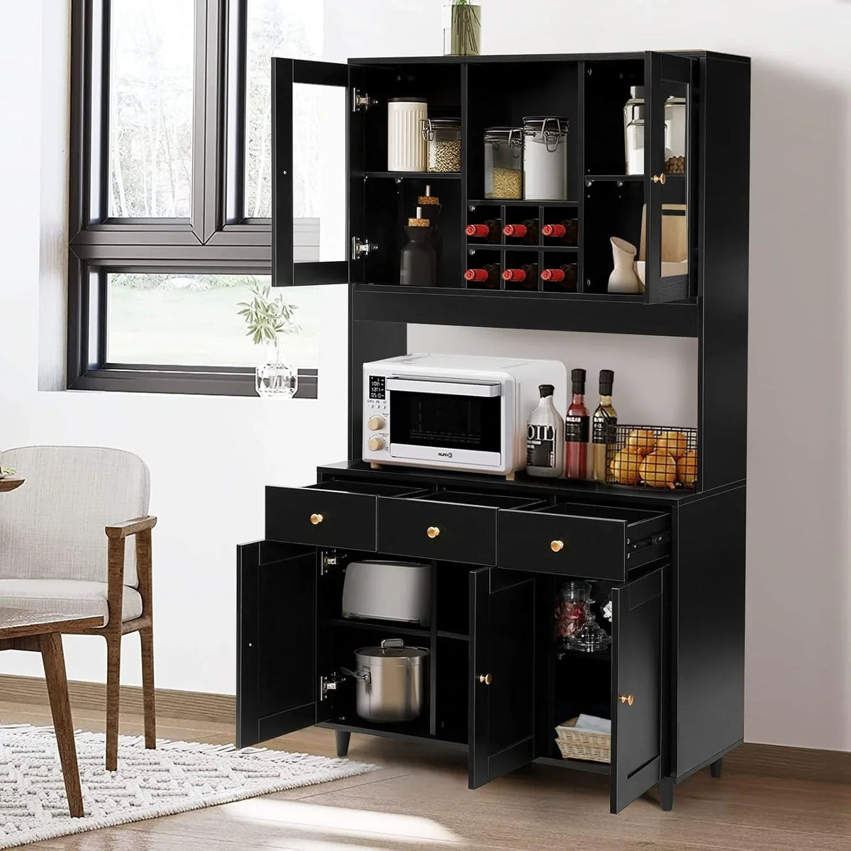 VOWNER Armario Aparador de Cocina/Buffet, 100L x 38An x 181Al cm, Mueble Auxiliar de Almacenaje, 5 Puertas y 5 Estantes Ajustables, Blanco
