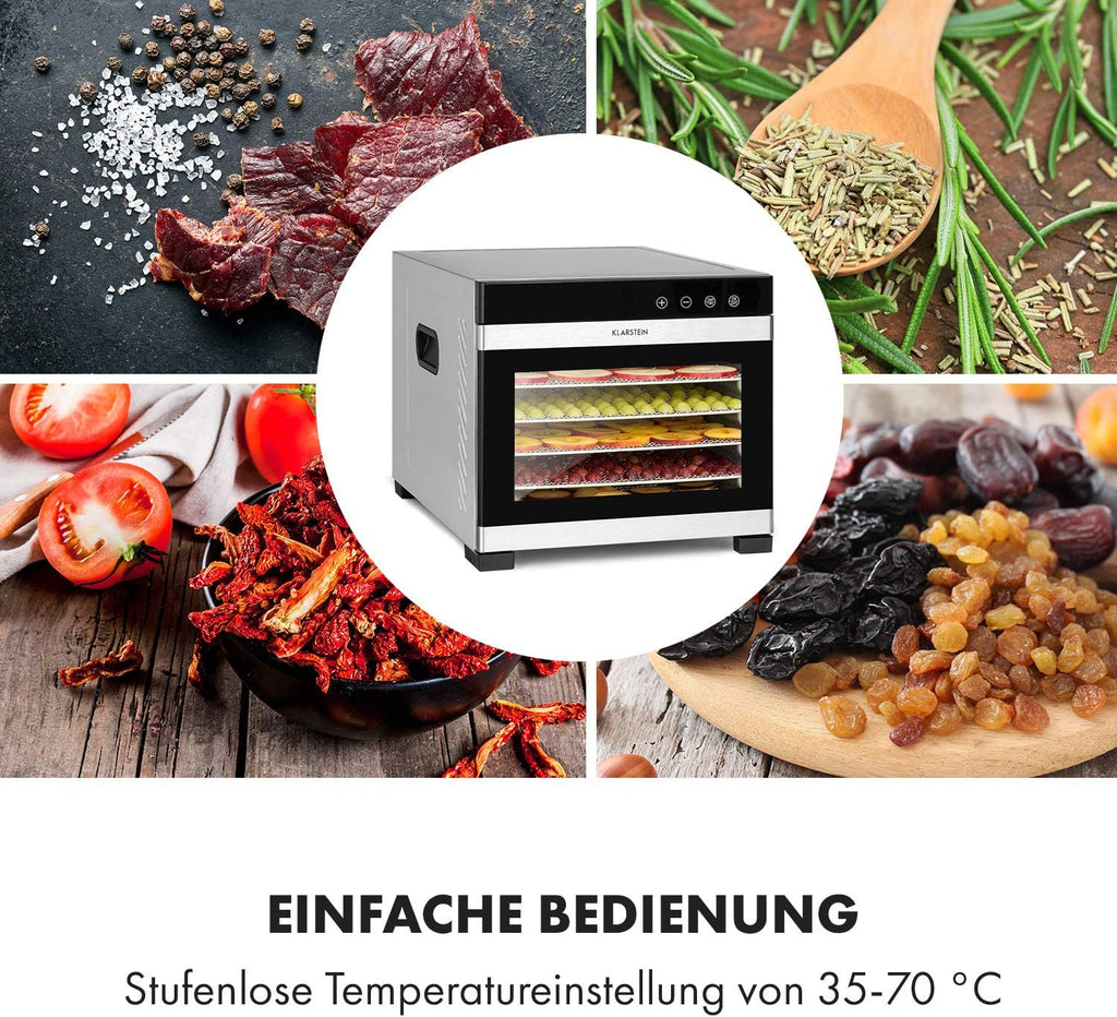 Deshidratador de alimentos Klarstein Flavour Dry con carcasa de acero inoxidable, 6 bandejas, pantalla táctil LCD, temporizador, circulación de aire de 360°, termostato digital, 35-75 °C