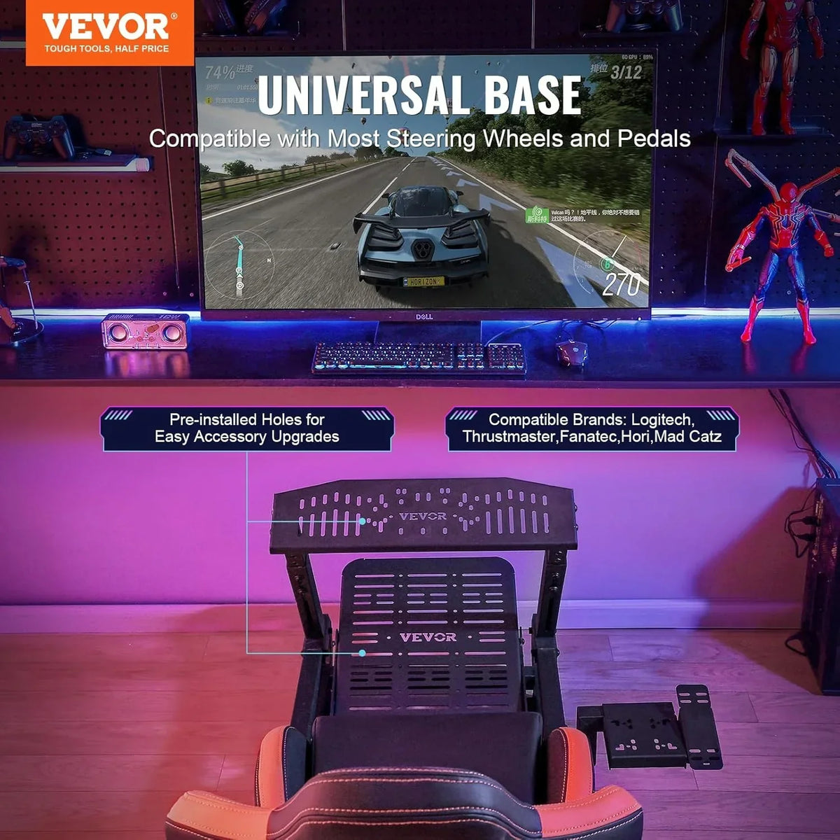 VEVOR Racing Wheel Stand with Wheels for Logitech G923/G920/G29, Heavy-Duty Steel Driving Simulator Cockpit, Thrustmaster T248P, Adjustable Wheel and Pedal Mount
