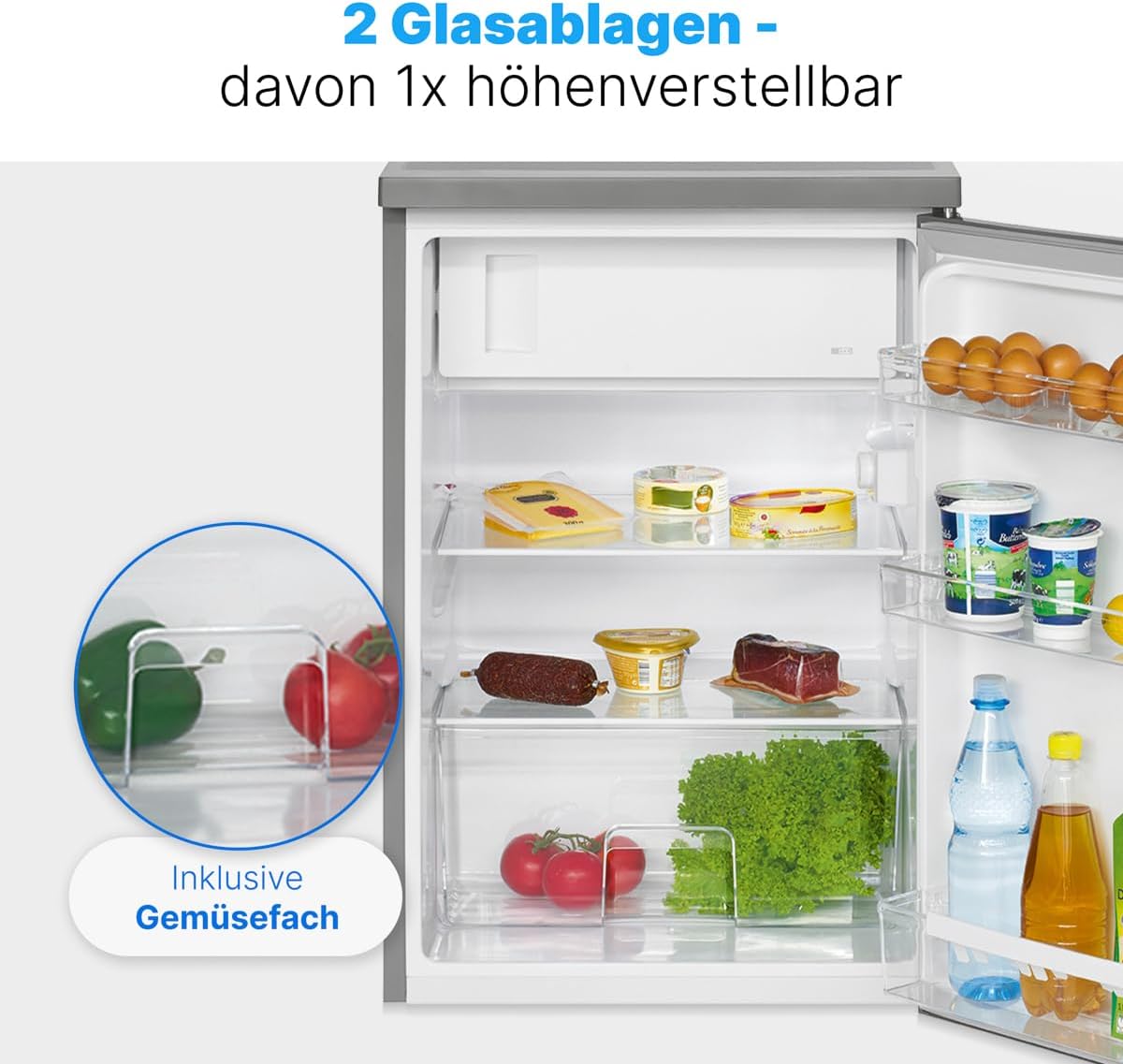 Frigorífico con congelador Bomann® | Frigorífico pequeño con 120L de capacidad útil | Refrigeración 107L y congelación 13L | Nevera con 3 estantes en la puerta y 2 estantes de cristal | Bisagra de puerta reversible | KS 2184.1 inox