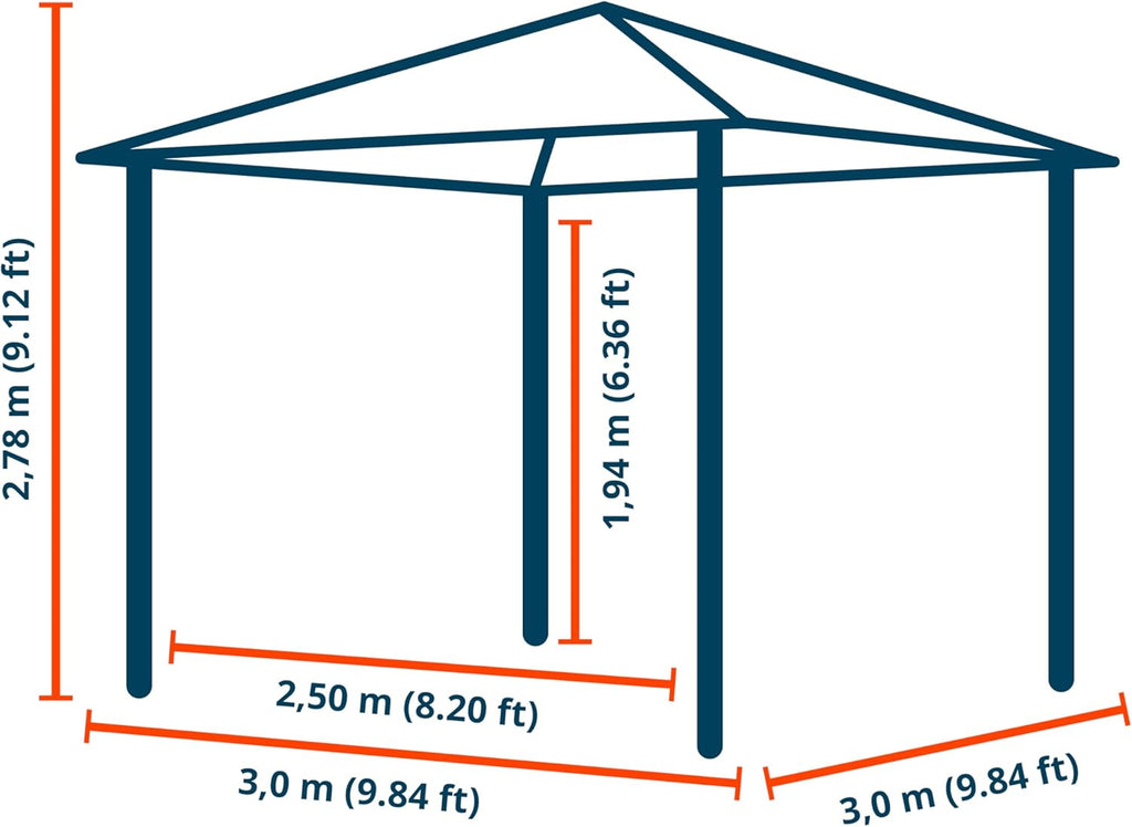Gazebo de jardín TOOLPORT 3x3 m con techo rígido de acero, 4 paneles laterales en gris, postes de 9x9 cm