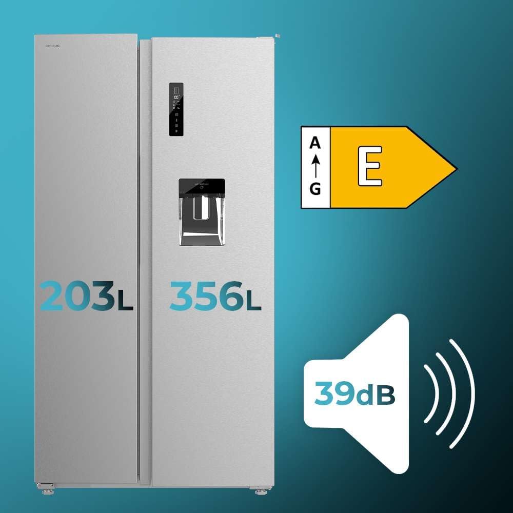 Frigorífico americano Cecotec Bolero CoolMarket SBS 559 Inox E, 559 L, 177 cm x 90 cm, Clase E, Sistema Multi Air Flow, Total No Frost, Motor Inverter Plus, Enfriamiento rápido, Modo Eco, Alarma de puerta