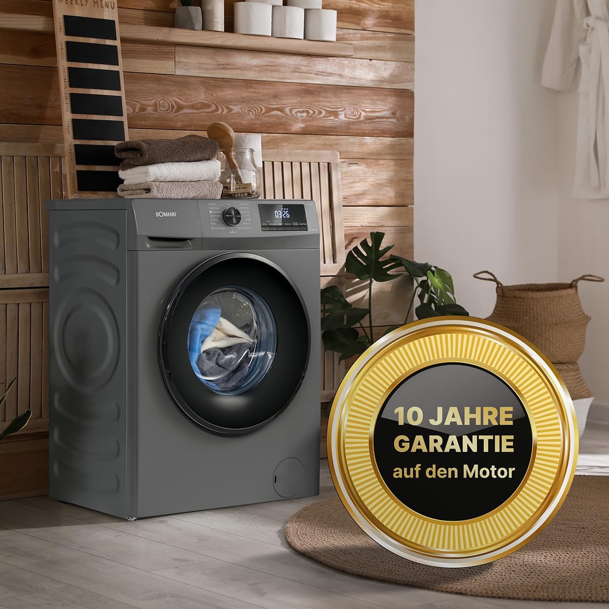 Lavadora Bomann® 8kg | máx. 1400 r.p.m. | 10 años de garantía en el motor | motor inverter robusto, silencioso y duradero | 15 programas de lavado | pantalla LED | con función de vapor | WA 7185 Titan - Negro
