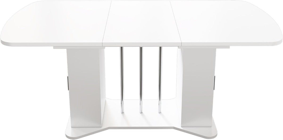 Mesa de comedor extensible moderna Bladez con espacio de almacenamiento, 120-160 cm x 80 cm, MDF en blanco, patas de metal plateado, mesa de cocina multifuncional para 4-8 personas, mesa de comedor