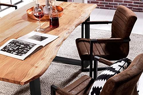 Mesa de comedor SAM B-Ware 200x100 cm Mundra, mesa de madera de acacia con borde natural, maciza y color natural, base en U de metal negro, mesa de comedor con borde de árbol auténtico