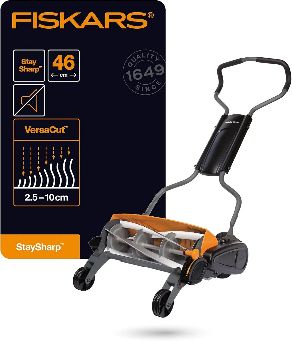 Fiskars Kosiarka bębnowa, kosiarka z bezdotykowym systemem tnącym, szerokość koszenia: 46 cm, StaySharp Max, czarny/pomarańczowy/srebrny, 1000591