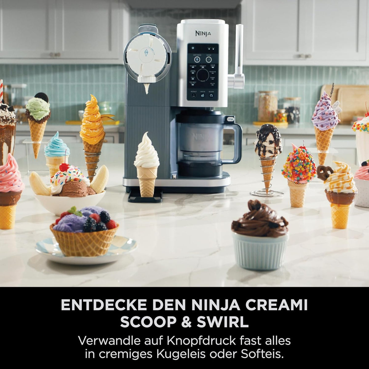 Heladera Ninja CREAMi Scoop & Swirl con 2 recipientes, 13 funciones, para helado, helado suave, gelato, sorbete, batidos y más, con función de mezcla, plata platino, NC701EU
