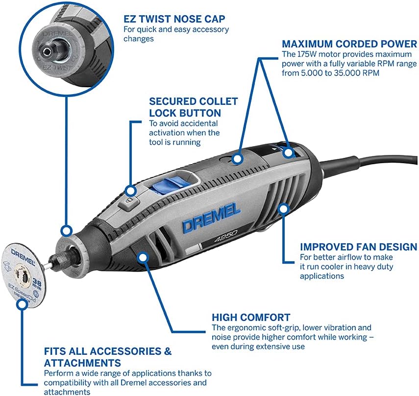 Dremel 4250 Herramienta rotativa multifunción de 175 W con 3 adaptadores, 35 accesorios, velocidad variable de 5000 a 35 000 rpm para cortar, lijar, taladrar, limpiar, esculpir, pulir, grabar, amolar y fresar