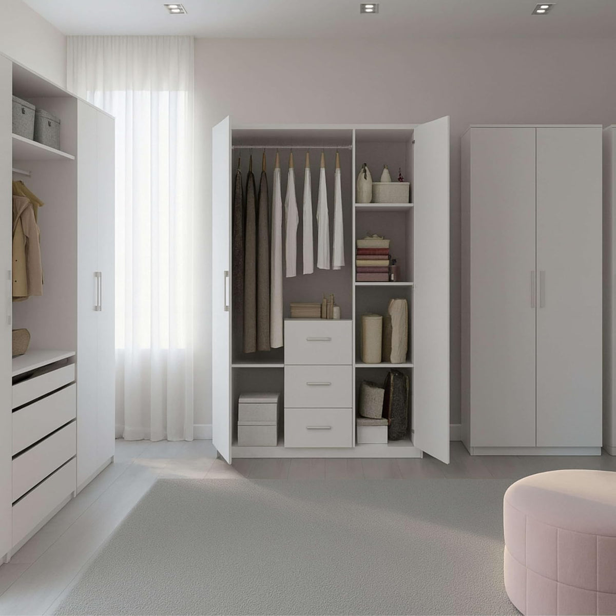Habitdesign Armario Ropero 3 puertas y 3 cajones, 203x117x52 (alto x ancho x fondo - en cm), con barra de colgar y estantes, color blanco brillo