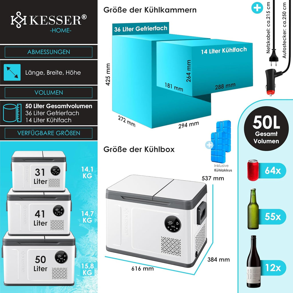 Nevera portátil con compresor KESSER 2 en 1 de doble zona, refrigeración y congelador eléctrico con 2 acumuladores de frío y panel táctil LED | Refrigerador con enfriamiento hasta -20 °C para camping, coche, camión 12/24V 230V