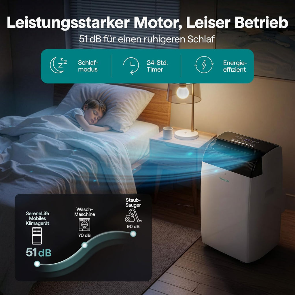 SereneLife Klimaanlage mit Abluftschlauch- Mobil, 14000 BTU WLAN, 3-in1- Kühlen Entfeuchten Venitlieren, Klimagerät mit Fensterkit, LED display, Leise und Schlafmodus, Timer und Rollen, bis 45m²