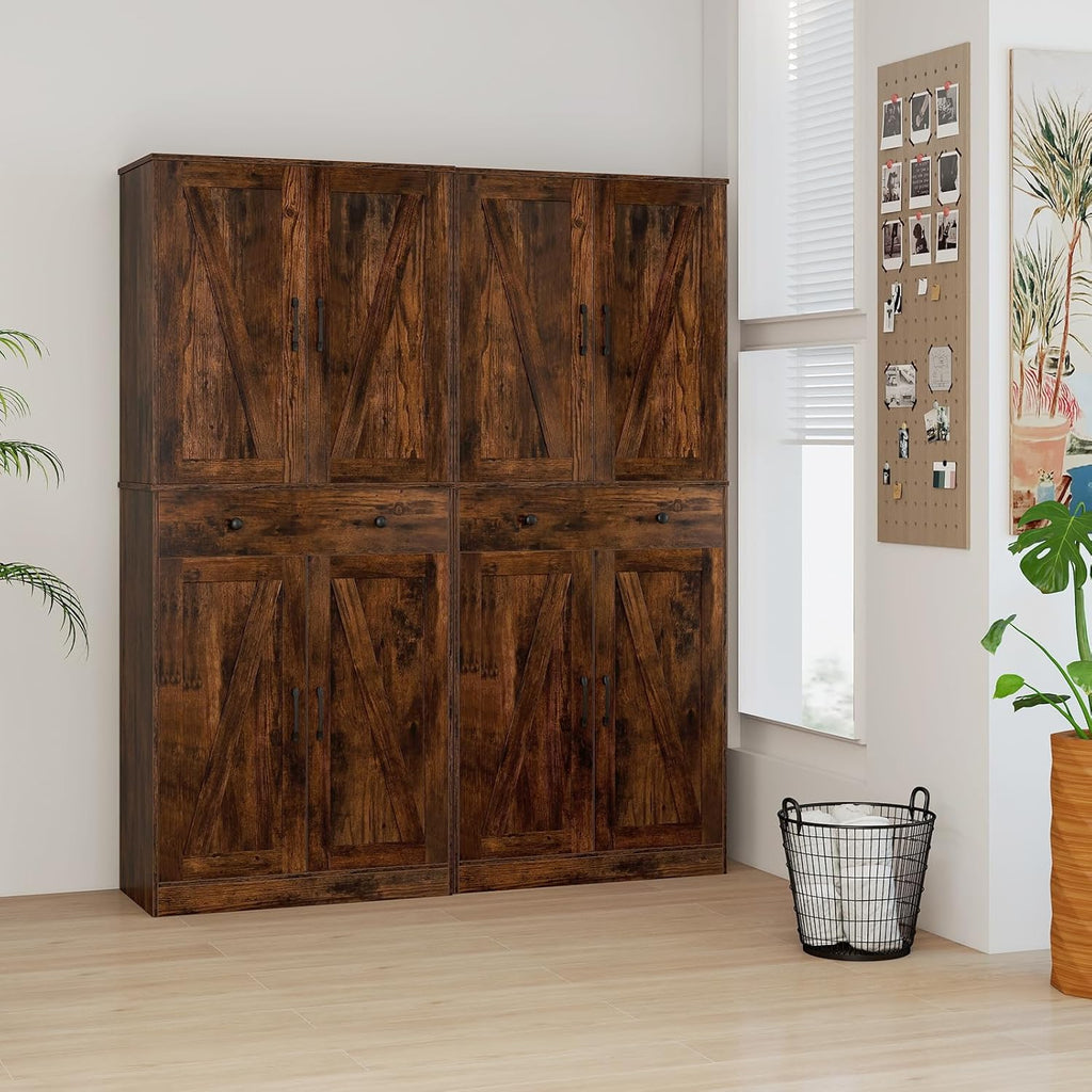 COSTWAY Armario de cocina alto, 183 cm, despensa con 4 puertas, cajón y 3 estantes ajustables, armario multiusos moderno, alacena alta, para cocina, comedor y salón, marrón