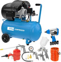 Set de compresor Güde 405/10/50 15T (lubricado por aceite, 10 bar, 2200 W, depósito de 50 l, caudal efectivo 250 l/min, 2 manómetros, 2 acoplamientos de aire comprimido, válvula de seguridad y tornillo de purga, incluye set de accesorios)