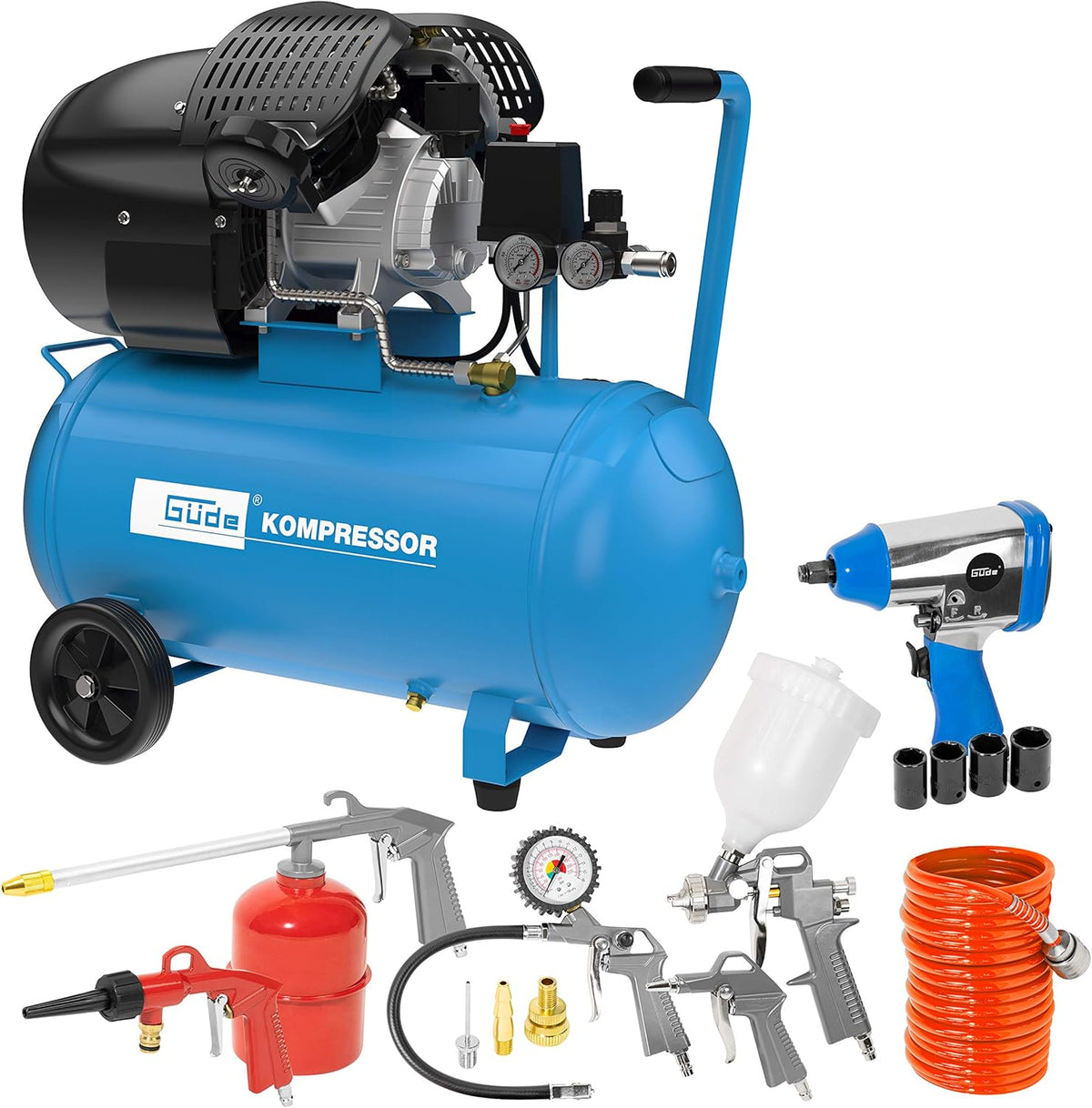 Set de compresor Güde 405/10/50 15T (lubricado por aceite, 10 bar, 2200 W, depósito de 50 l, caudal efectivo 250 l/min, 2 manómetros, 2 acoplamientos de aire comprimido, válvula de seguridad y tornillo de purga, incluye set de accesorios)