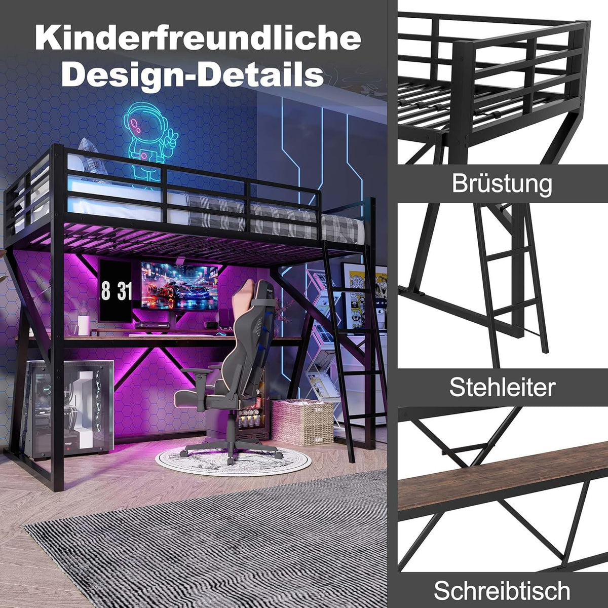 Cama alta infantil 90x200 cm, litera, cama de metal con tira LED, escritorio y escalera, cama individual juvenil, cama multifuncional, estructura de cama con protección anticaídas y somier, sin colchón, negro