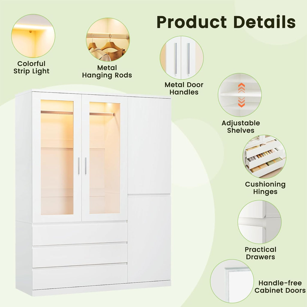 Armario de cuatro puertas Dripex, ropero minimalista con una barra para colgar ropa y 3 cajones | 120 x 48 x 180 cm | Blanco, armario para dormitorio