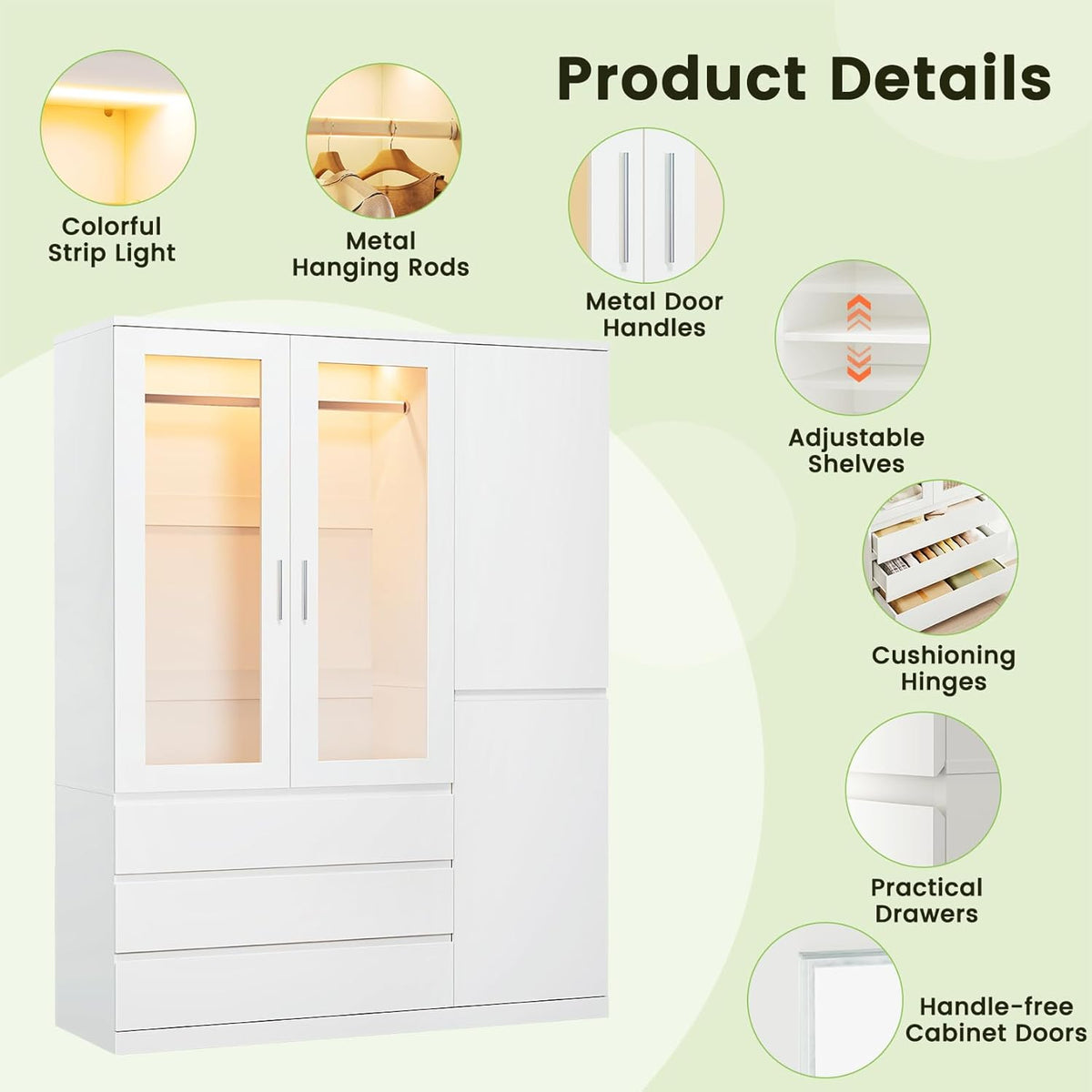 Armario de cuatro puertas Dripex, ropero minimalista con una barra para colgar ropa y 3 cajones | 120 x 48 x 180 cm | Blanco, armario para dormitorio