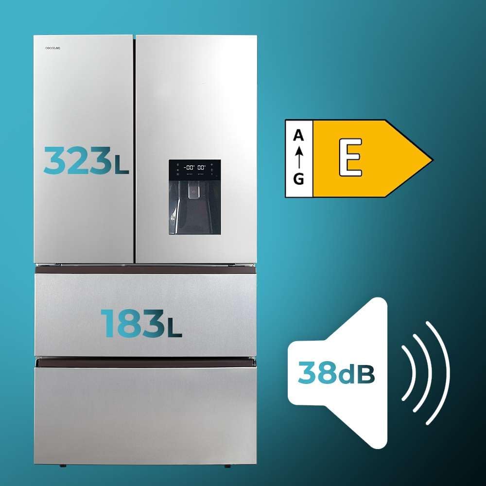 Frigorífico de doble puerta de acero inoxidable Cecotec con dispensador de agua de 510 L Bolero CoolMarket FD 510 WD Inox E. 183 cm de altura, 84 cm de ancho, motor Inverter Plus, Total NoFrost