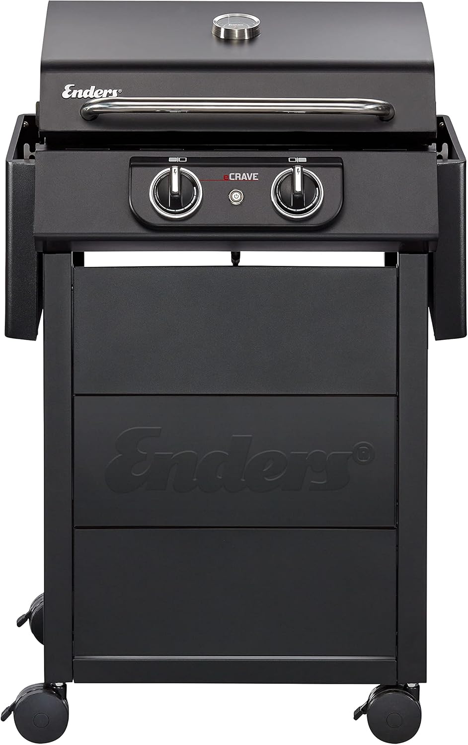 Barbacoa eléctrica Enders eCRAVE 2, con parrilla de hierro fundido, carrito con amplio espacio de almacenamiento, sistema de limpieza SIMPLE CLEAN™, 2 potentes elementos calefactores, tapa de cocción estable con termómetro integrado #97116