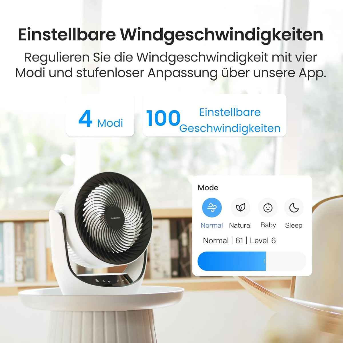 SwitchBot USB Tischventilator, leistungsstarker 24 dB leiser Batterie-Umluftventilator, Kompatibel mit Alexa/Google/Siri (Hub erforderlich), 4 Modi, 9-Std-Timer, Energieeffizienter Umluftventilator