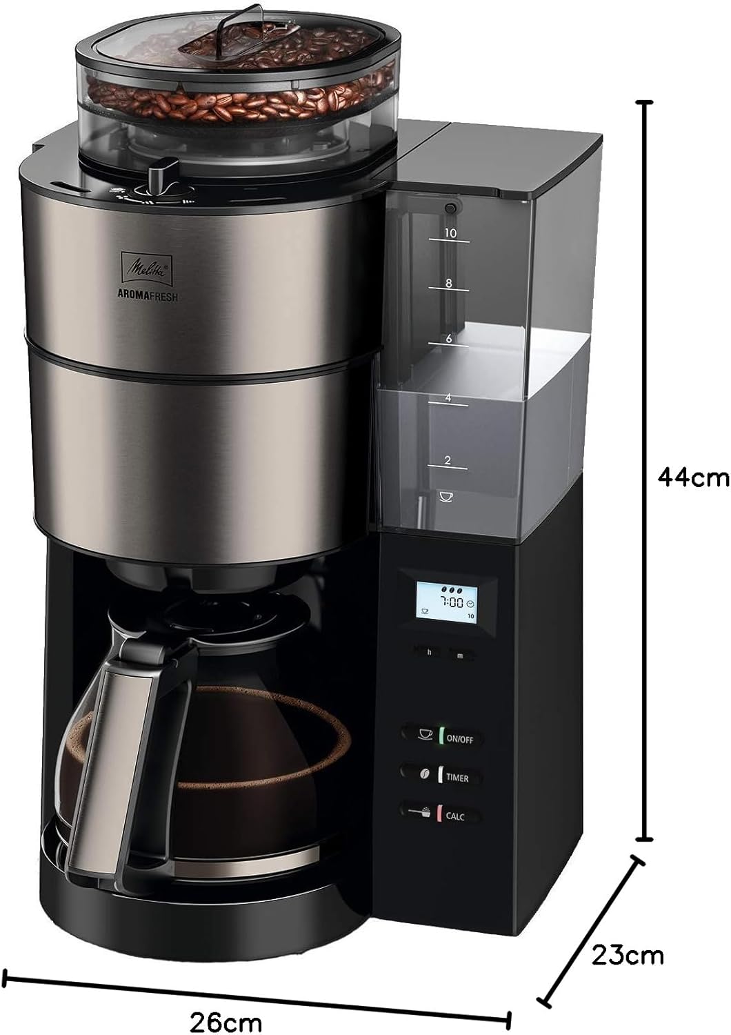 Melitta AromaFresh - Cafetera de filtro - con jarra de cristal - molinillo integrado - función de temporizador - 10 tazas - Negro puro