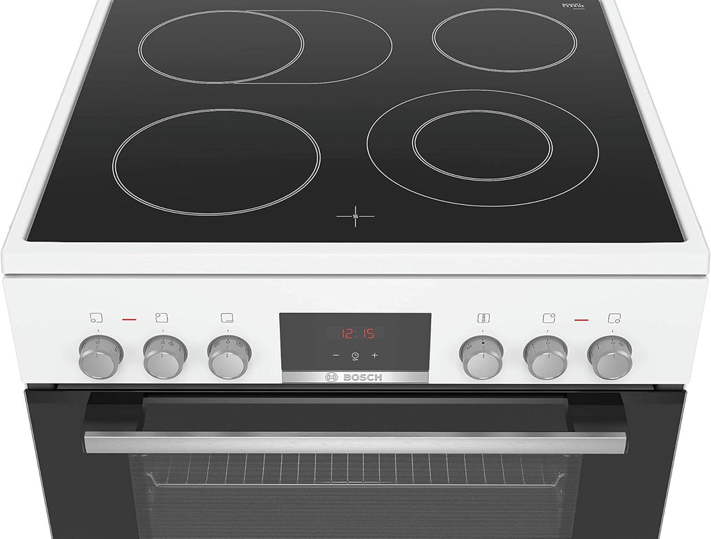 Cocina eléctrica de libre instalación Bosch Serie 4 HKR39C250, 60 cm de ancho, asistente de limpieza EcoClean Direct, aire caliente 3D para hornear en 3 niveles, control por pantalla LED, zona de cocción ampliable para recipientes grandes