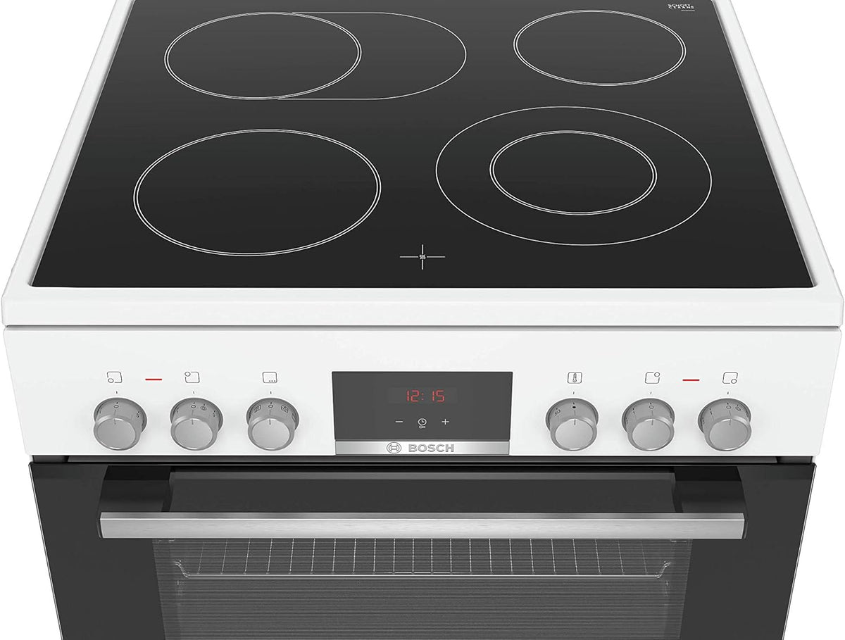 Cocina eléctrica de libre instalación Bosch Serie 4 HKR39C250, 60 cm de ancho, asistente de limpieza EcoClean Direct, aire caliente 3D para hornear en 3 niveles, control por pantalla LED, zona de cocción ampliable para recipientes grandes