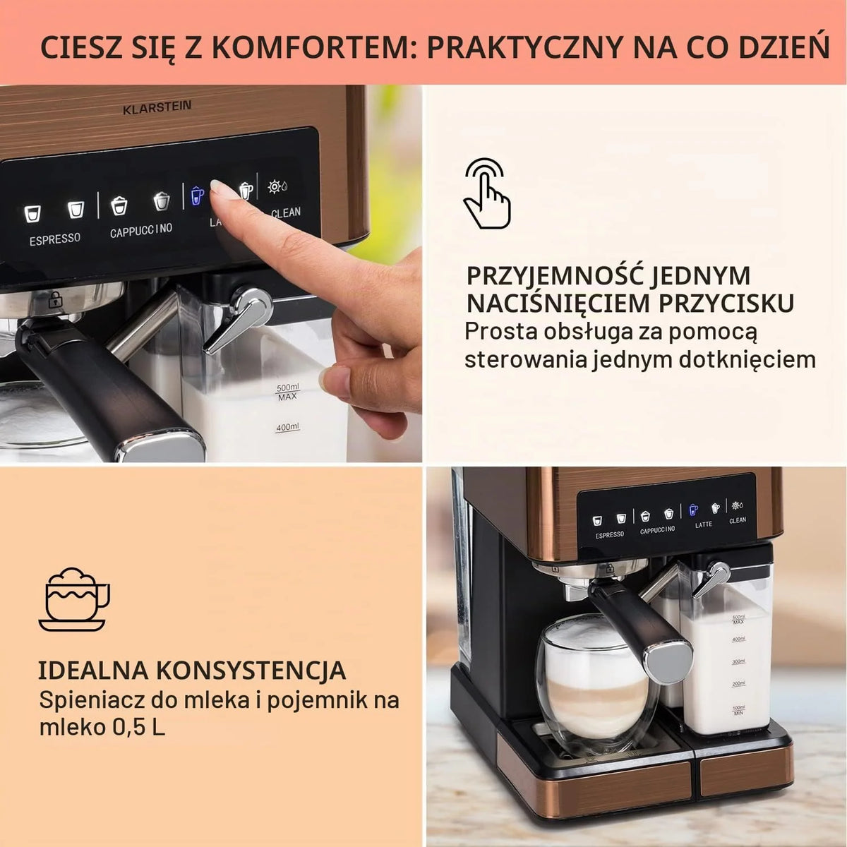 Ekspres kolbowy do espresso ze spieniaczem do mleka, Miniekspres do kawy 1,8 l z portafiltrem, Ekspres do kawy ze stali nierdzewnej z ciśnieniem 20 barów, 0,5-litrowy zbiornik na
