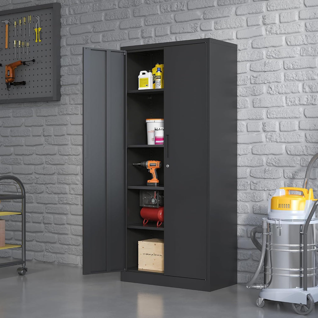 Armario metálico con cerradura, armario de acero de 180 x 80 x 40 cm con 4 estantes ajustables en altura, armario multiusos y de almacenamiento para garaje, taller, sótano y oficina (negro)