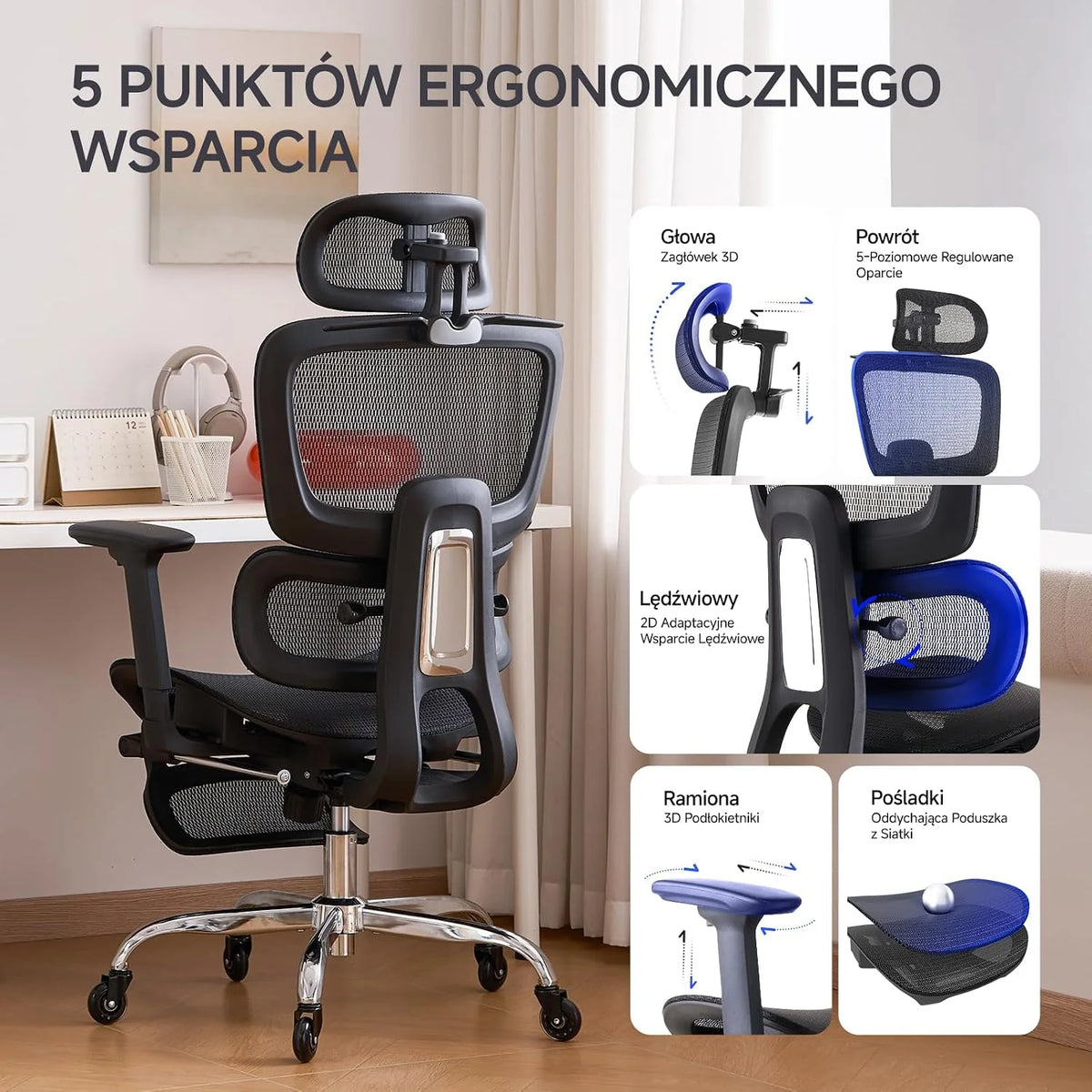LarkLeaves Ergonomiczny Fotel Biurowy z Podnóżkiem Czarny L10 Pro