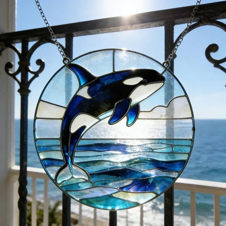 Atrapasol de cristal redondo con orca – Adorno para ventana, decoración oceánica, decoración costera y náutica