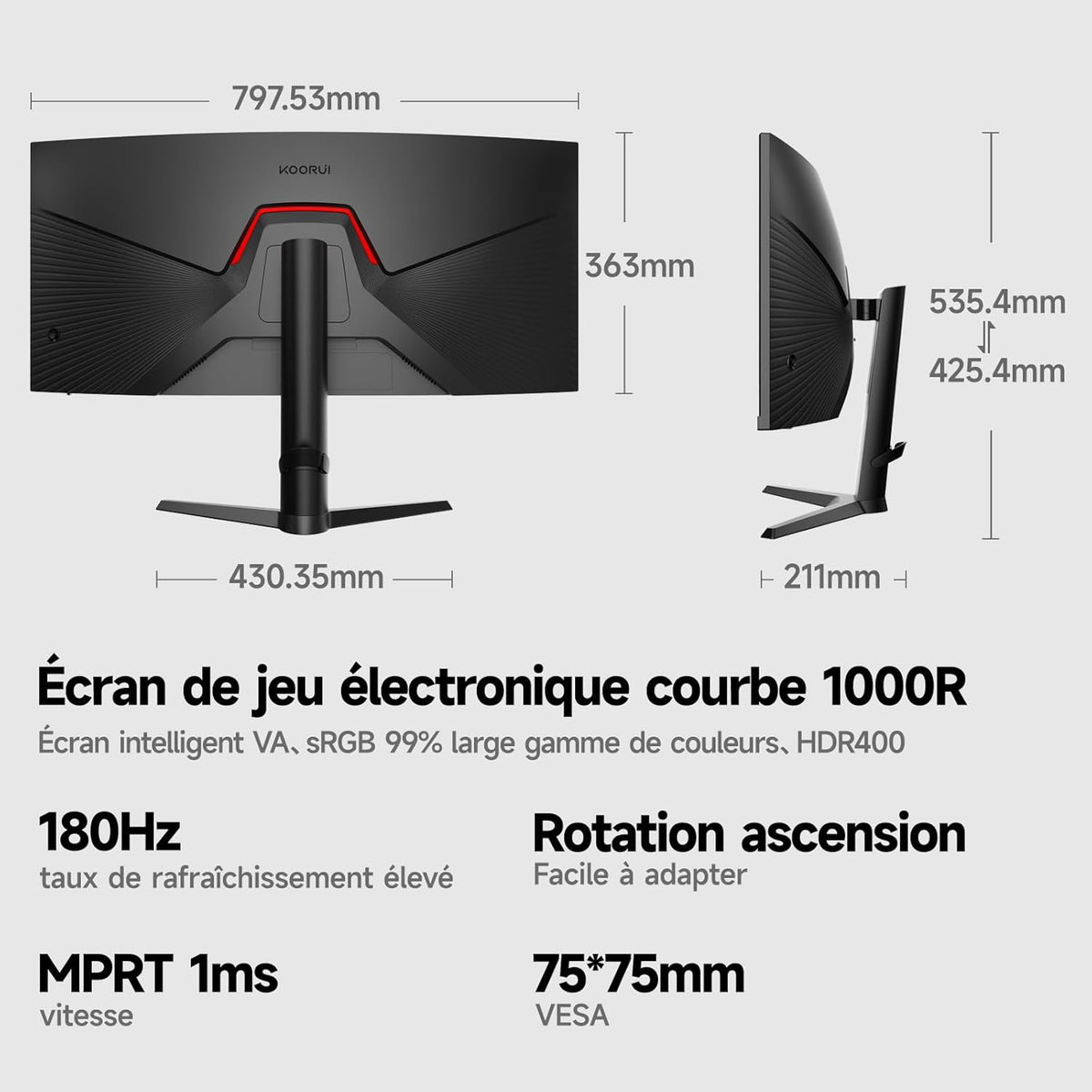 Monitor Gaming Curvo KOORUI de 34 pulgadas, Panel VA WQHD 3440x1440, 180Hz, HDR400, 99% sRGB, 2xHDMI 2.0 y DP 1.4, Altura ajustable de 110 mm, Negro