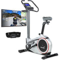 Bicicleta estática ergométrica Morpheus, sistema de freno magnético, 12 kg de masa de inercia, 32 niveles, 24 programas, compatible con la aplicación Kinomap, 150 kg, 144x56x103 cm
