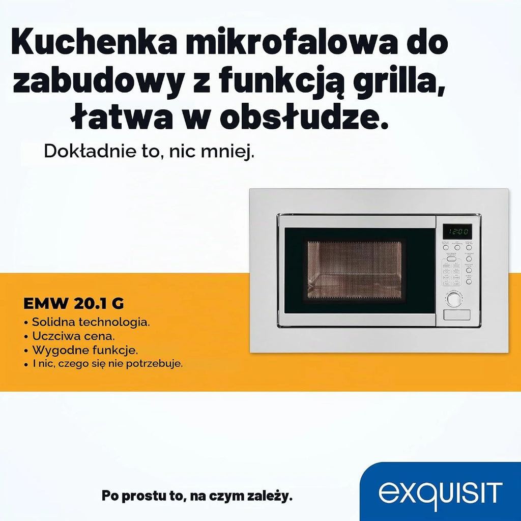 Exquisit EMW 20,1 G kuchenka mikrofalowa do zabudowy | pojemność 20 l | 800 W | Inoxlook | moc grilla 1000 W | 5 poziomów mocy | timer | talerz obrotowy: Ø 24,5 cm | 8 programów gotowania samochodu |