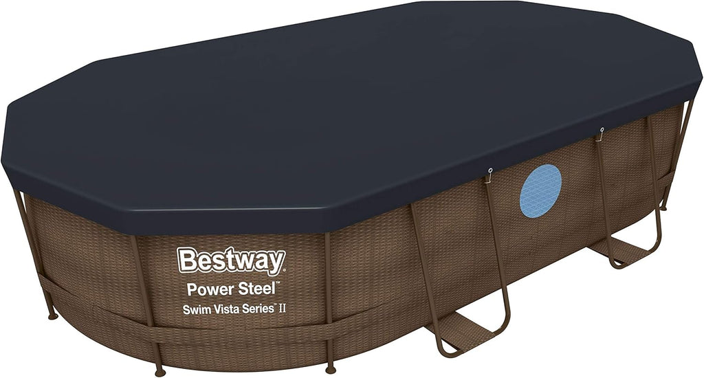 BESTWAY - Piscina Desmontable Tubular Power Steel 427x250x100 cm Depuradora de Cartucho 2.006 l/h Escalera y Cobertor Diseño Ratán