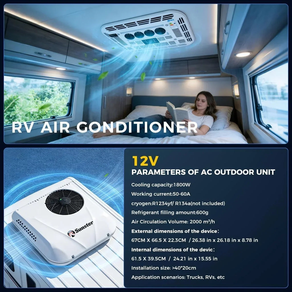 Aire acondicionado de techo 12V 6000BTU 1,8kW, múltiples modos, protección de baja presión para autocaravana, caravana, camión, camper, excavadora