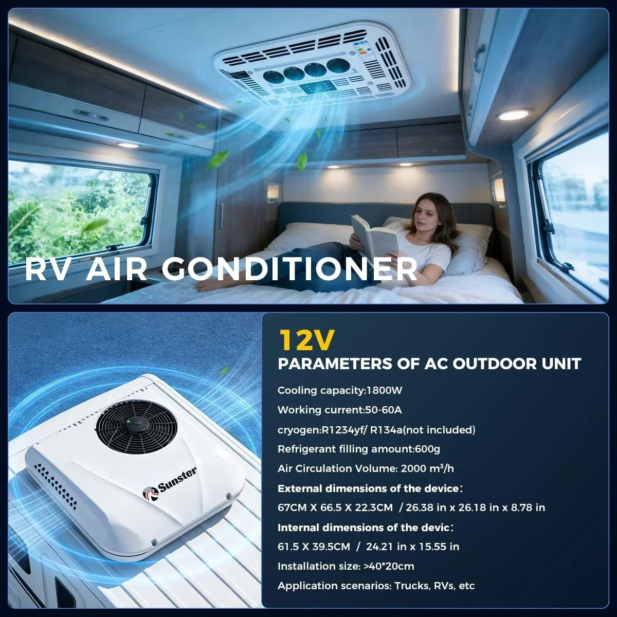 Aire acondicionado de techo 12V 6000BTU 1,8kW, múltiples modos, protección de baja presión para autocaravana, caravana, camión, camper, excavadora