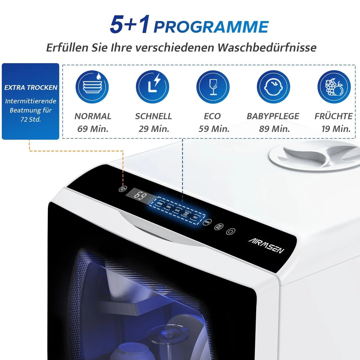 Minilavavajillas de mesa AIRMSEN, 5+1 programas, depósito de agua de 5 l, pantalla LED con control táctil, clase energética D