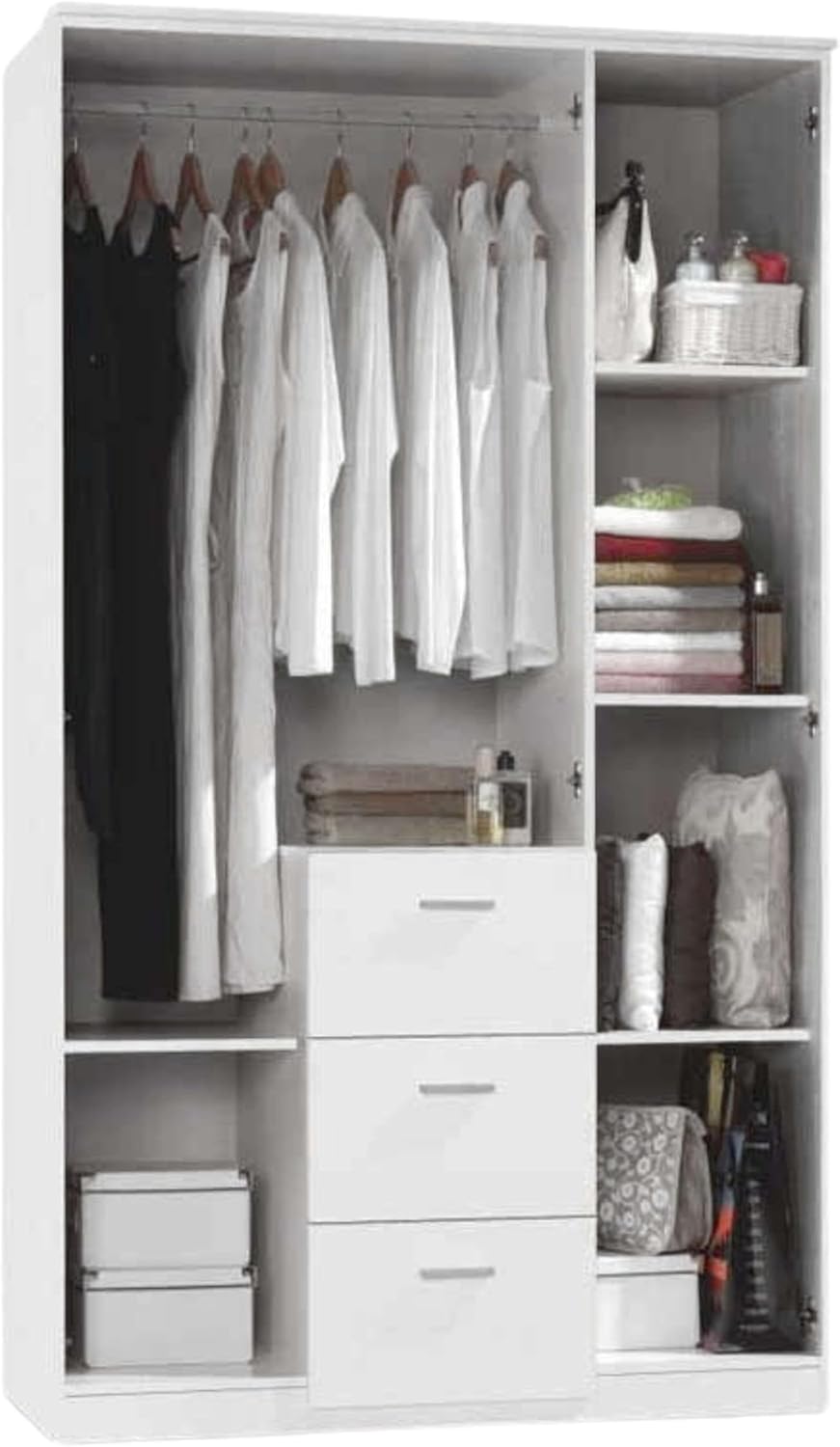 Habitdesign Armario Ropero 3 puertas y 3 cajones, 203x117x52 (alto x ancho x fondo - en cm), con barra de colgar y estantes, color blanco brillo