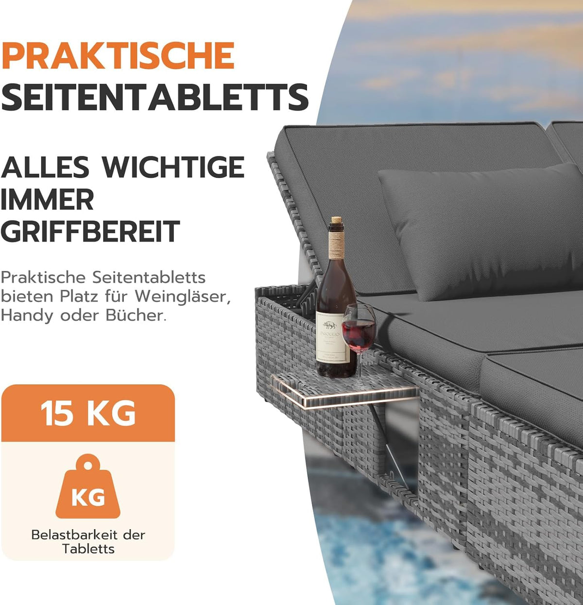 Tumbona doble Amopatio para 2 personas con mesa plegable, resistente a la intemperie, capacidad de carga de 200 kg, 200x160x30 cm, tumbona de jardín XXL de ratán, chaise longue ajustable para jardín, balcón y terraza, gris