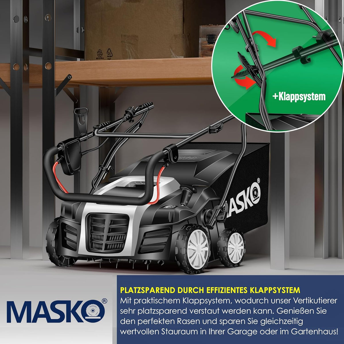 MASKO® Elektro 2in1 Vertikutierer Rasenlüfter 1800W 40cm Arbeitsbreite 55L Fangkorb mit Lüfterwalze Lüfter Moosentferner, 20 Stahlmesser, 5-stufige Arbeitstiefe einstellbar höhenverstellbarer Holm