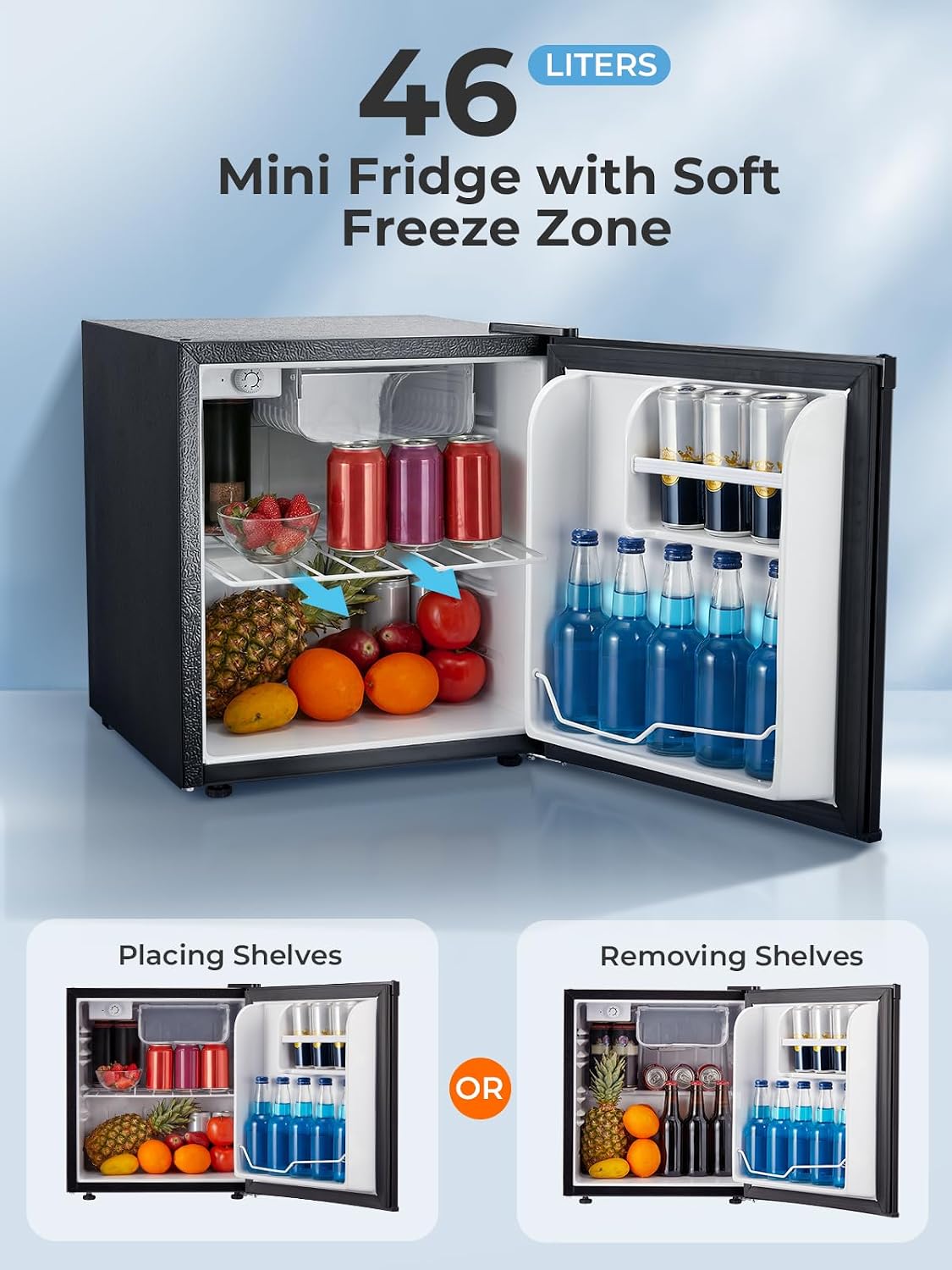 Mininevera FOHERE 46L, frigorífico pequeño con 7 niveles de refrigeración, energéticamente eficiente, supersilencioso, puerta reversible y patas ajustables, para hotel, oficina, apartamentos pequeños, negro