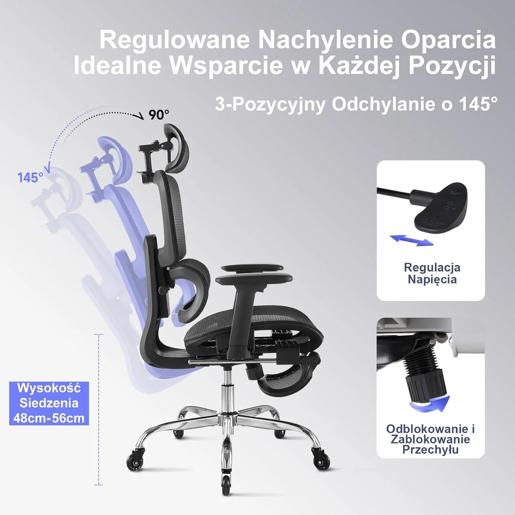 LarkLeaves Ergonomiczny Fotel Biurowy z Podnóżkiem Czarny L10 Pro