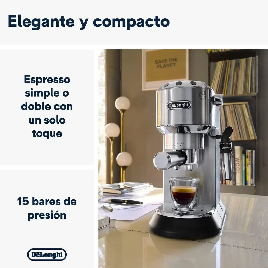 De'Longhi Dedica – Cafetera de bomba de acero inoxidable para café molido o monodosis, espresso y capuchino, depósito de 1,3 litros, sistema antigoteo, modelo EC685.M, color metal