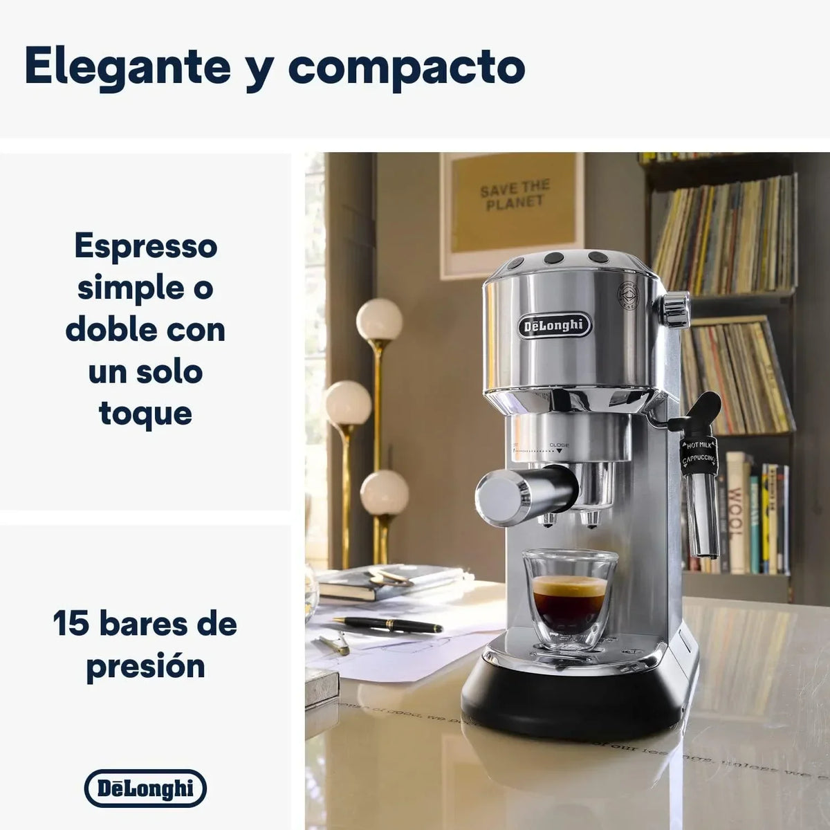 De'Longhi Dedica – Cafetera de bomba de acero inoxidable para café molido o monodosis, espresso y capuchino, depósito de 1,3 litros, sistema antigoteo, modelo EC685.M, color metal