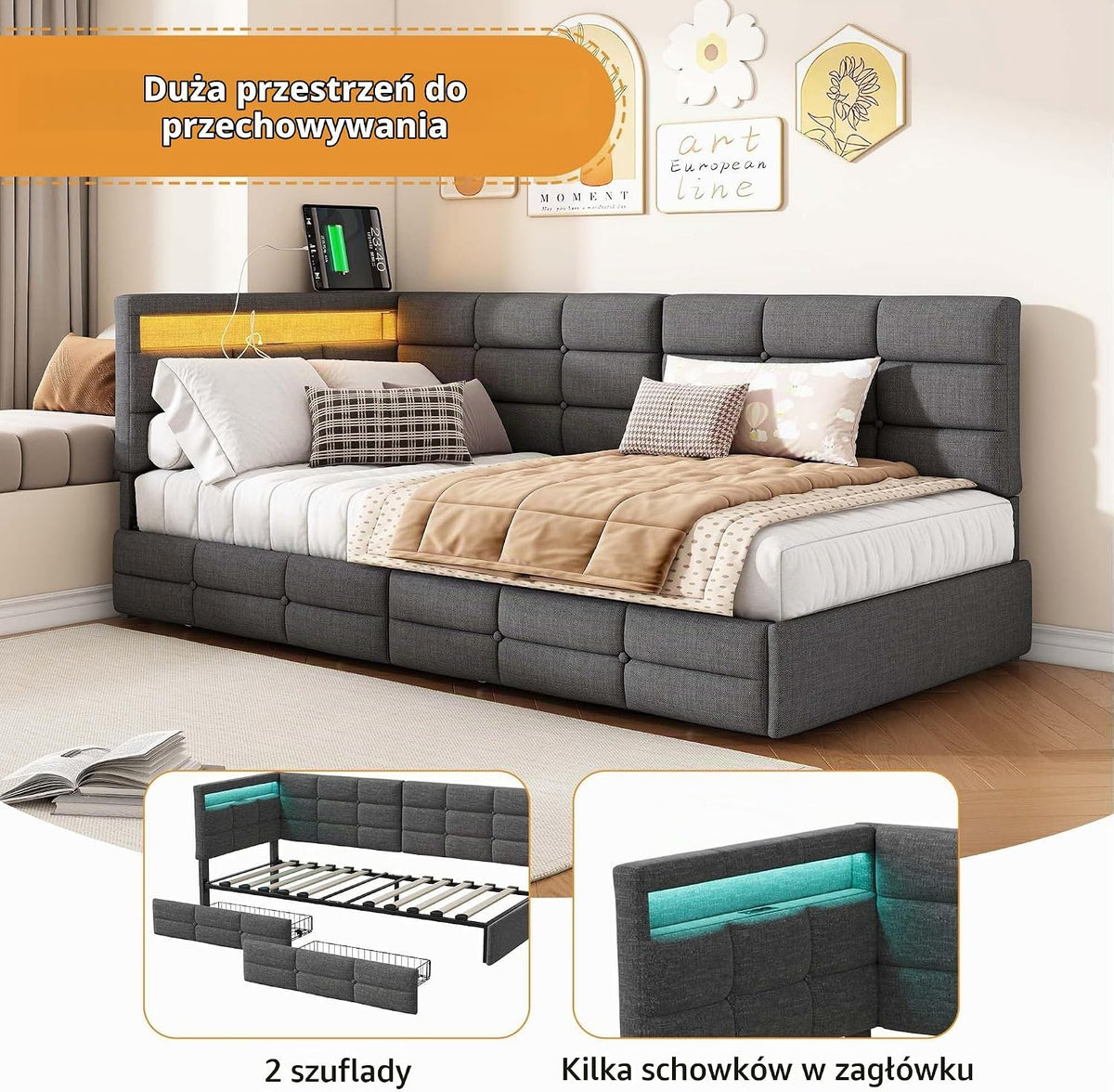łóżko tapicerowane, 90 x 200 cm z gniazdami LED i USB, łóżko młodzieżowe ze stelażem z drewna i 2 szufladami, łóżko dziecięce, sofa do spania, łóżko dzienne, rama łóżka, len, kolor szary, bez
