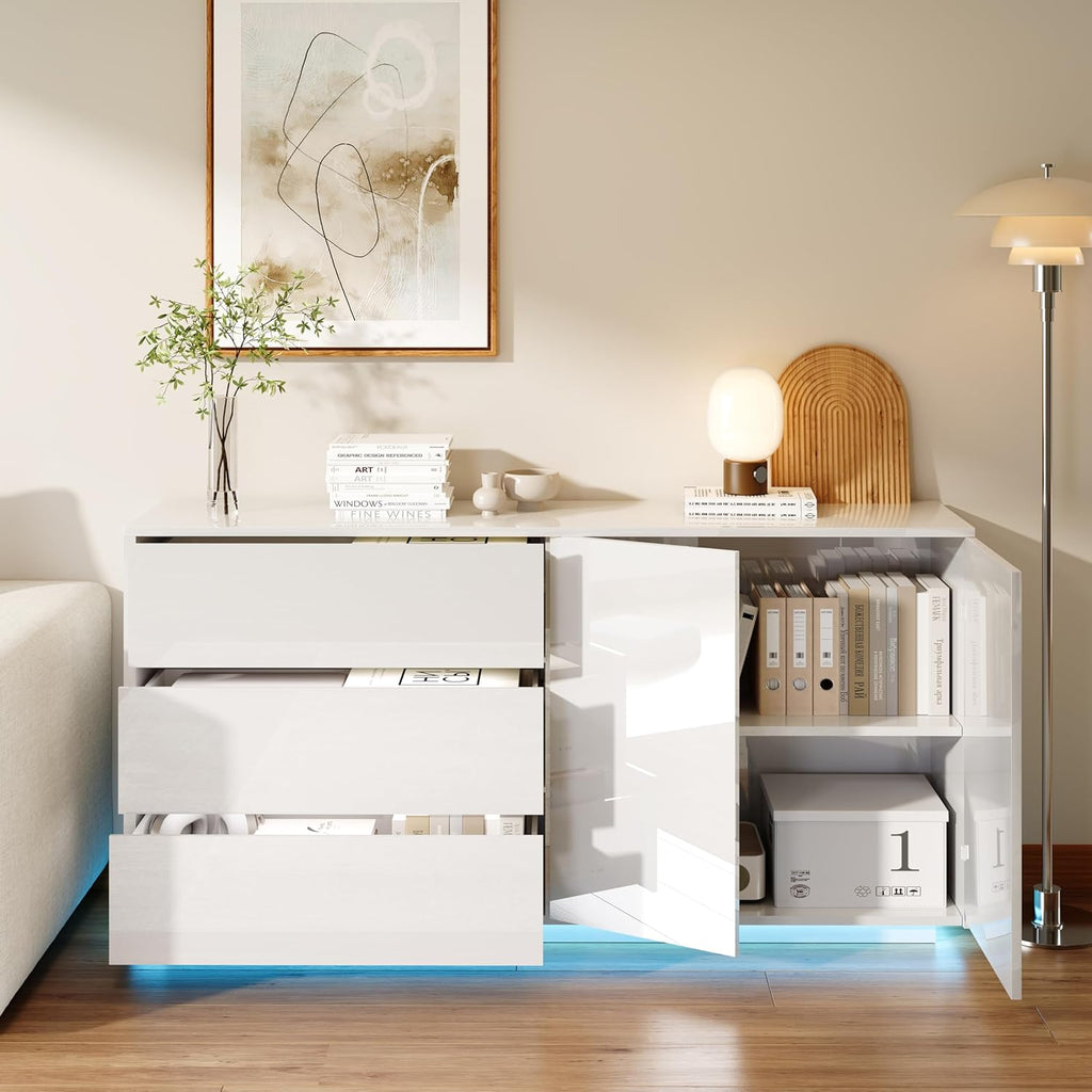Cómoda blanca de alto brillo con iluminación LED, aparador blanco de alto brillo de 160 cm con 2 puertas y 3 cajones, alacena de cocina, mueble buffet moderno para dormitorio, comedor, oficinas y recibidor