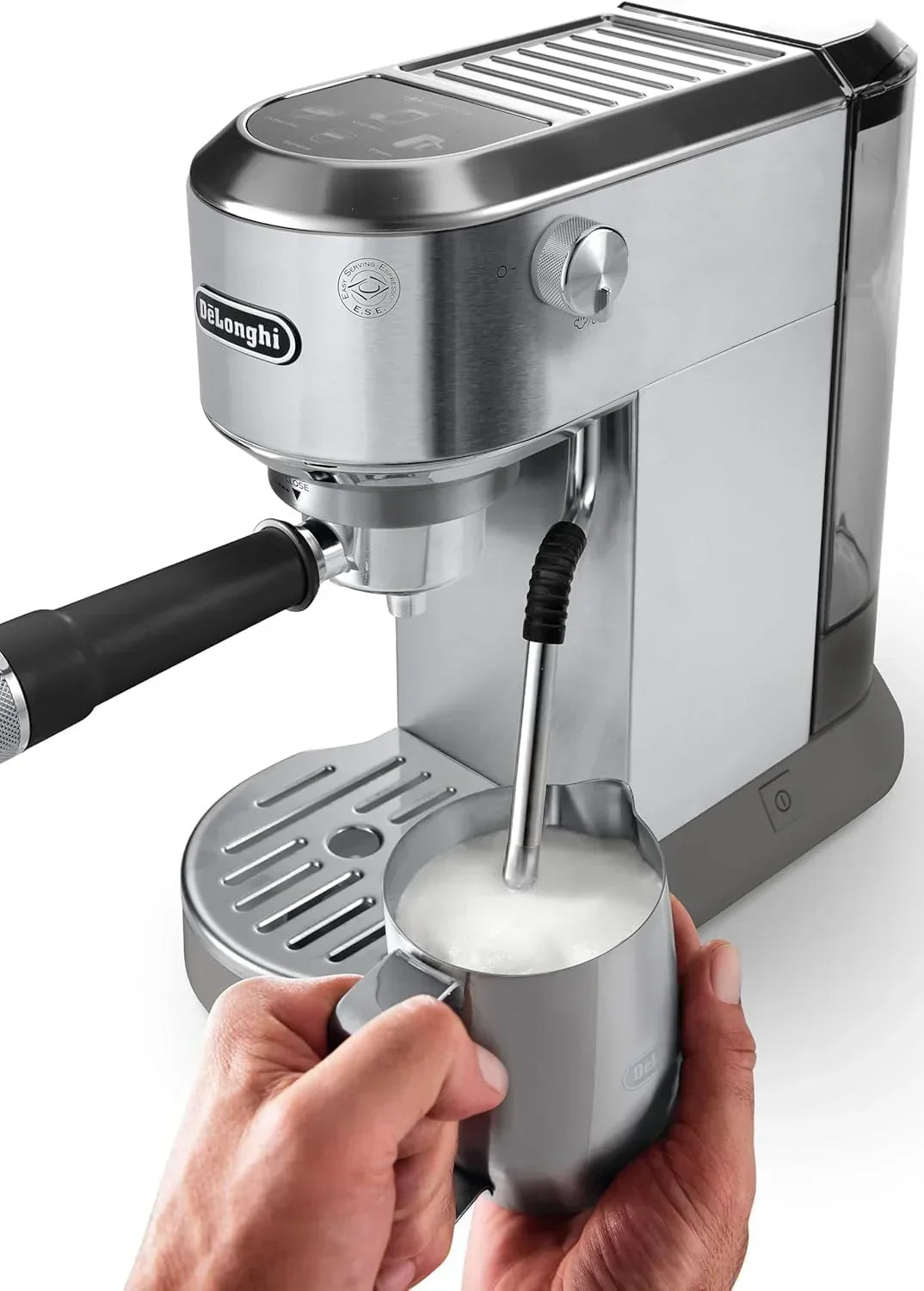 De'Longhi Dedica – Cafetera de bomba de acero inoxidable para café molido o monodosis, espresso y capuchino, depósito de 1,3 litros, sistema antigoteo, modelo EC685.M, color metal