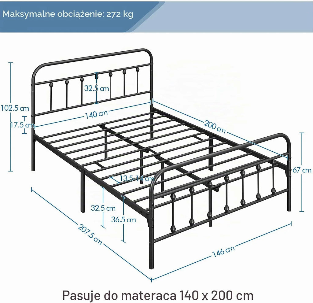 Yaheetech rama łóżka 140 × 200 cm, metalowe łóżko w stylu vintage